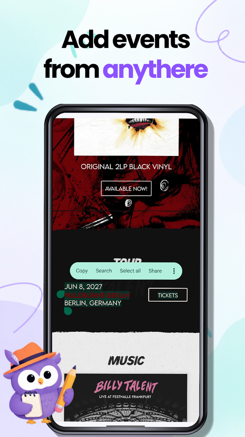 Selecionando o texto de um evento em uma página no Android e compartilhando diretamente com o app Text2Event