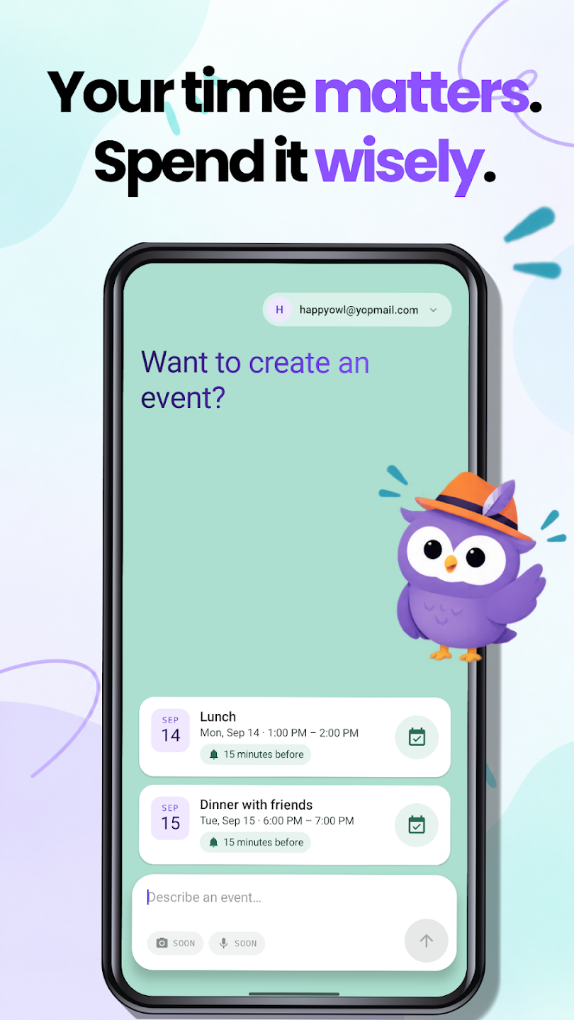 App Android do Text2Event mostrando dois eventos detectados, Lunch e Dinner with friends, com entrada por foto e voz marcada como em breve