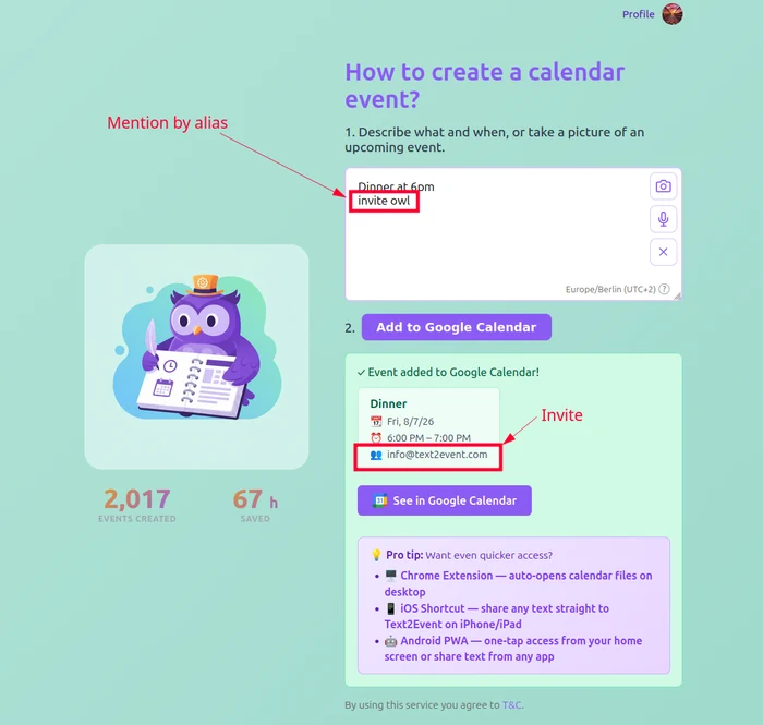 Typing "invite owl" into Text2Event resolves the alias to an email address and adds it as an attendee on the created Google Calendar event