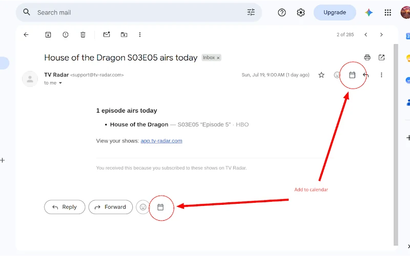 A calendar icon button next to Reply and Forward in Gmail Desktop, added by the Text2Event Chrome extension