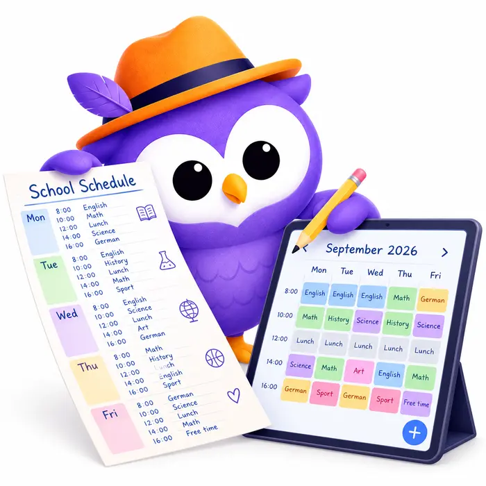 Mascote do Text2Event segurando um cronograma escolar semanal impresso ao lado de um tablet mostrando o mesmo cronograma transformado em calendário