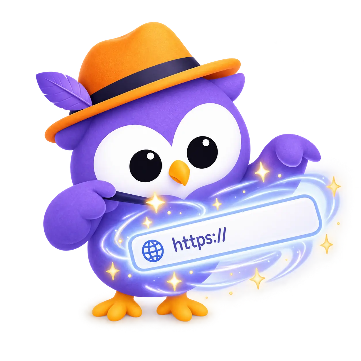 Mascota búho de Text2Event sosteniendo una varita mágica brillante sobre una barra de direcciones del navegador mostrando https://