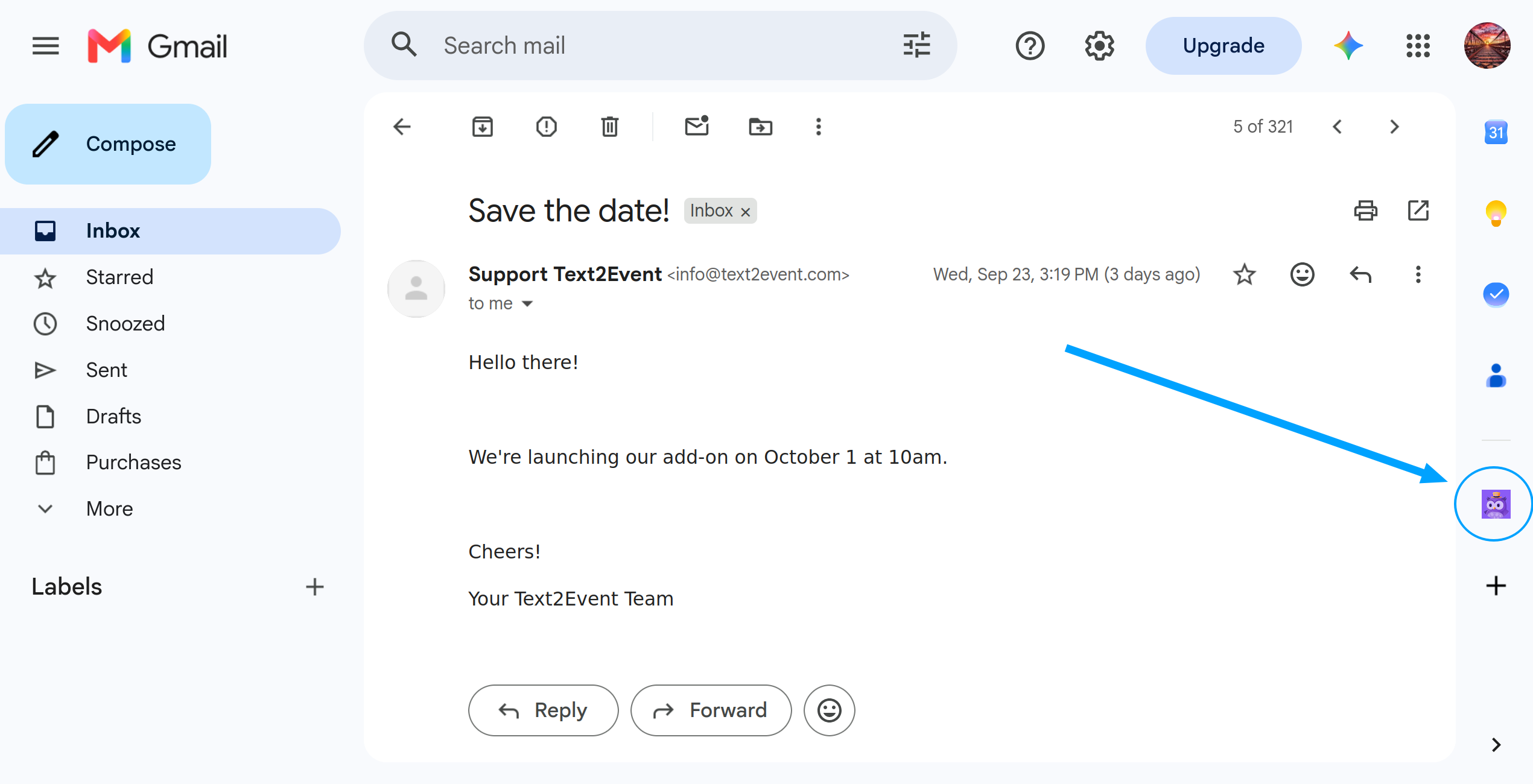 El icono de Text2Event en la barra lateral derecha de Gmail en escritorio, resaltado con una flecha