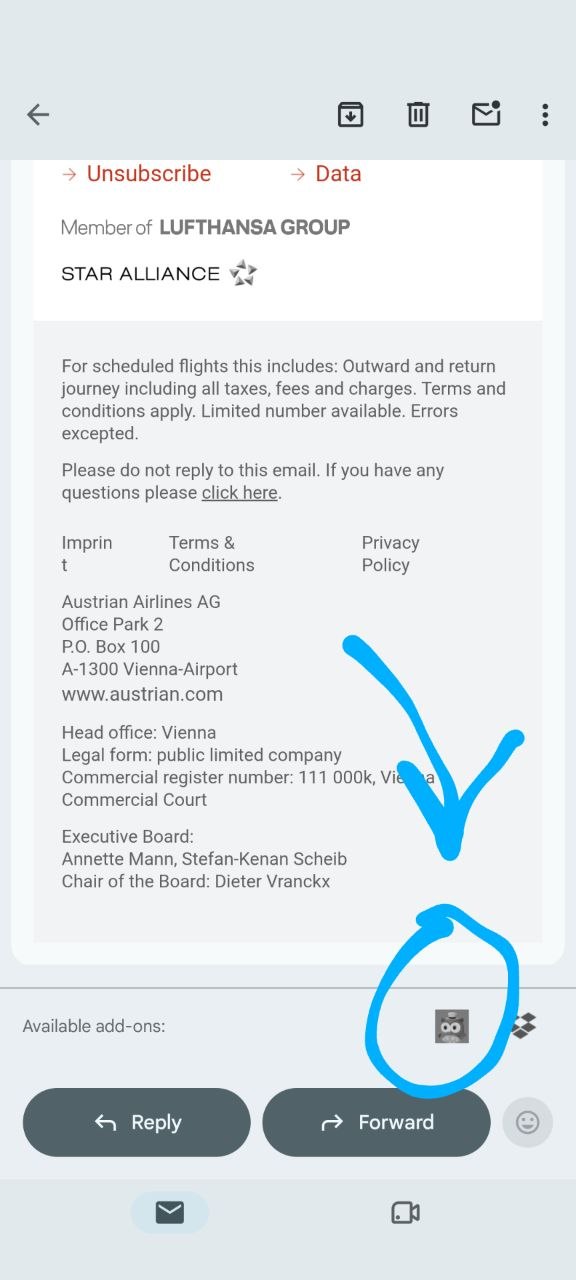 El icono de Text2Event entre los complementos disponibles al final de un correo en la app de Gmail para móvil